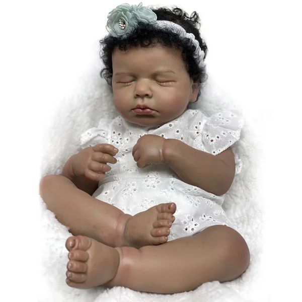 Poupées 19inch noire peau lulou endormi reborn bébé fait à la main réaliste bebe reborn poupée peinte des filles renaissantes réalistes