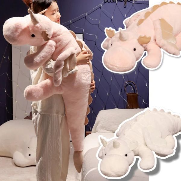 Muñecas 1pc 70150cm juguete de lujoso dragón blanco con bocina de unicornio alas volador dragones dinos abrazo dinos de almohada