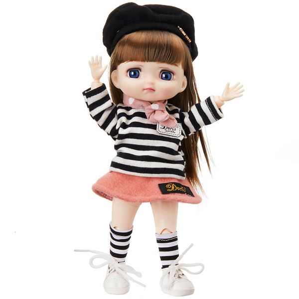 Muñecas 22,5 cm linda niña muñeca juguetes fresco rayas negras ropa de moda cuerpo de articulación móvil ojos grandes bjd regalo para niños maquillaje 230906