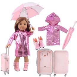 Dolls 4 pièces = imperméable parapluie bottes de pluie valise pour poupée américaine de 18 pouces 43 Cm Reborn bébé poupée accessoires génération fille bricolage jouets 231208