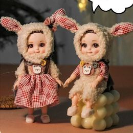 Poupées Bjd poupée 16CM 13 articulations mobiles forme de visage souriant mignon et ensemble de vêtements d'oreille de lapin cadeau pour les enfants avec des jouets de poupée 231214