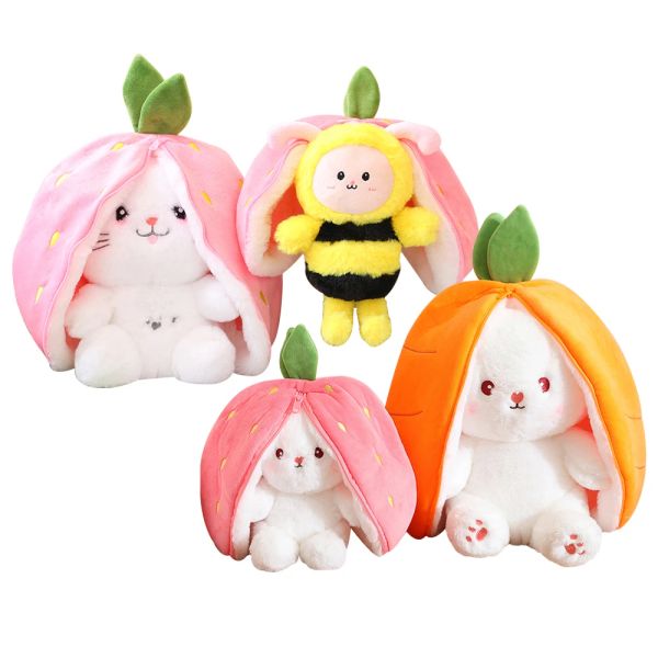 Dolls Creative Funny Peek A Boo Starot Strawberry Rabbit Plush Juguete Kawaii Conejito suave y suave escondido en almohada de bolsas de frutas para niños