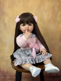 Dolls Full Soft Silicone Body Reborn Baby Girl Doll 55 CM 22 Inch Lifelike Long Hair Realistic Princess Toddler Bebe Birthday Gift