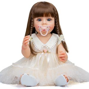 Dolls NPK 55 cm Full Body Silicone Reborn Toddler Doll Sue-Sue Hand-gedetailleerd schilderij met bruin lang pruik haar voor kind Xmas Gift 230426