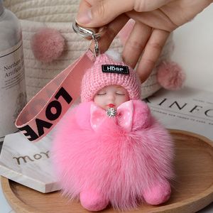 Poppen Pompom Slapende baby sleutelhanger Schattige pluizige pluche pop sleutelhanger Meisje tassen sleutelhangers sleutelhanger geschenk charmante decoratie 230923