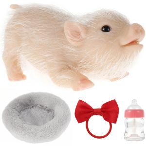 Poupées Jouet de poupée de cochon en Silicone avec nœud de cochon biberon d'allaitement coussin de couchage Mini poupée de cochon Animal doux et réaliste mignon cochon réaliste Reborn