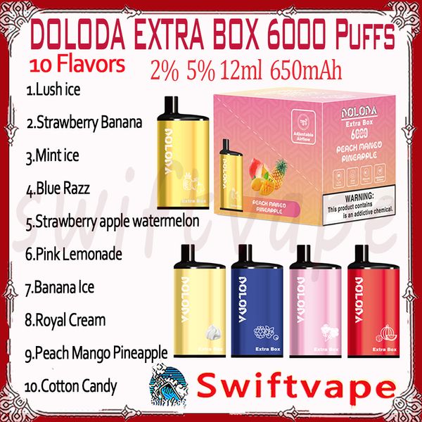 Doloda Extra Box 6000 Puff Disposable E Cigarette 10 Slavors 12 ml 2% 5% 650mAh Batterie rechargeable 6K Puffes Vapes Pen Starter Kit Authentic Wholesale