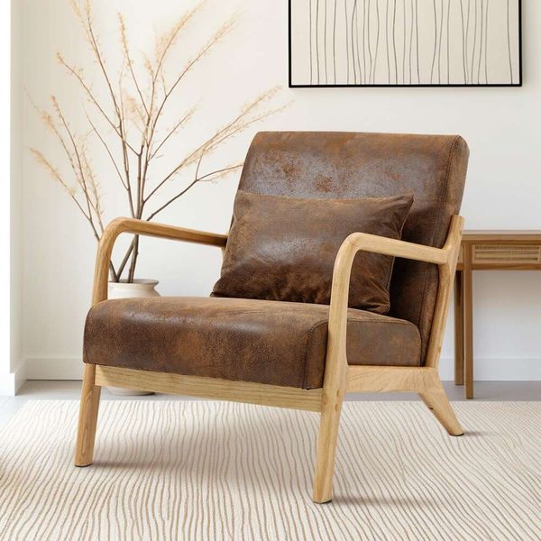 Dolom Cadre en bois décoratif moderne, chaise en cuir Crazy Horse avec coussin de taille, fauteuil pour salon, chambre à coucher, salle de jeux, bureau à domicile ou salon, PU marron