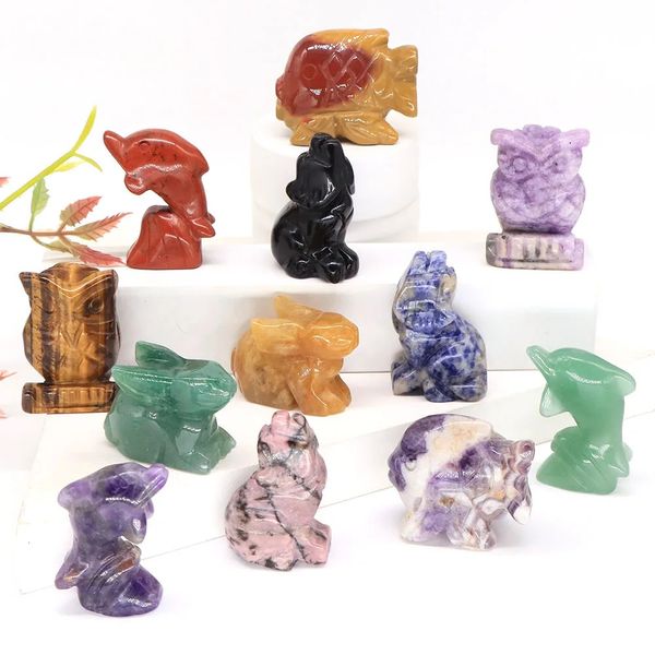 Dolphin Fish Owl Rabbit Wolf Animal Statue Natural Healing Stone Crystals Crystaux Gemmes Figurines Feuilleur de décoration intérieure en gros 240429