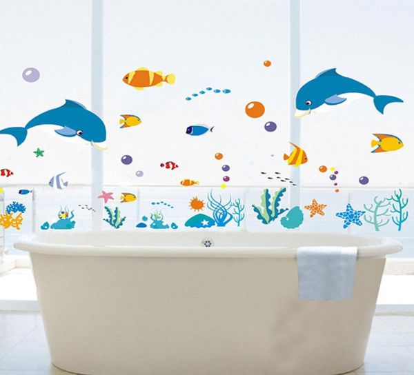 Dolphin Fish Sea World Wall Sticker Ocean Fish Shower Tile Stickers dans la salle de bain sur baignoire Pish Bathtub Glass Fenêtre Mura5240206