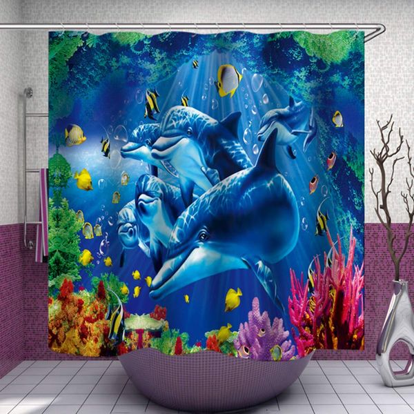 Rideau de douche Dolphin, Blue Underwater World Marine Life, Polyester Fabric Kids Ocean Thème décor de salle de bain avec 12 crochets