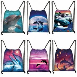 Dolphins Print Drawstring Sac Fi Sac de rangement Teenage Boys Filles Animaux décontractés sac à dos Bags de voyage Cadeau de livre 38Q5 #