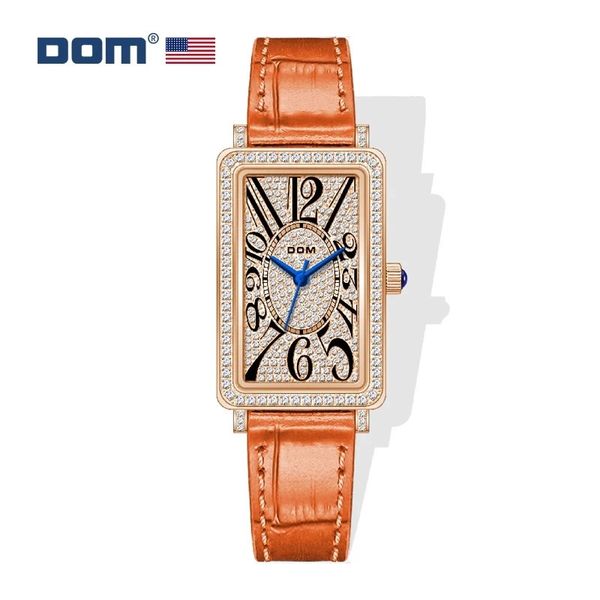 DOM 1391 Montre à quartz pour femme Mode élégante Orange rectangulaire en cuir Date Diamant Montres pour dames Montres Cadeau 240318