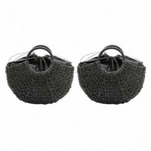 Dôme 2X Sac de plage fait à la main Sac rond en paille tissé Grand seau Sac d'été Dames Naturel Boutique Panier Sac à main doublé noir 68XM #