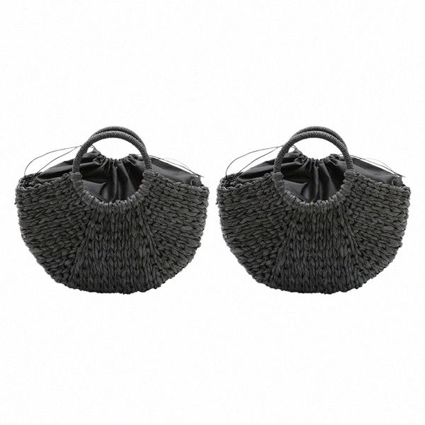 Cúpula 2X Bolso de playa hecho a mano Bolso tejido de paja redondo Cubo grande Bolso de verano Señoras Natural Shop Basket Bolso Forrado Negro 68XM #