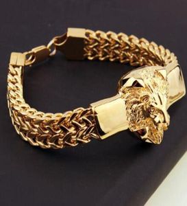 Domineering legering leeuwkop armband geen kralen strengen mannen roestvrij staal goud kleur franco link ketting biker armband zilver hard3845409