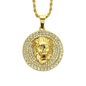Collier avec pendentif tête de Lion ronde dominatrice, bijoux plaqués or véritable en Zircon