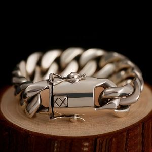 Domineering Dikke Cubaanse S925 Sterling Silver Bracelet Mens Trendy Punk Personality European and American Hip Hop brede versie 240412