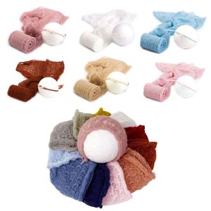 Donjudy Pasgeboren Soft Stretch Wrap Headwear Set Hat Cap Baby Photography Prop Outfit Handmade Gebreide Mohair Bonnet 2pcs Sets Nieuw L2405