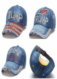 Donald Trump Denim Baseball Cap Outdoor Ik hou van Trump 2020 Rhinestone Hat Sports Cap Striped USA Flag Cap Snapback LJJA37814833173