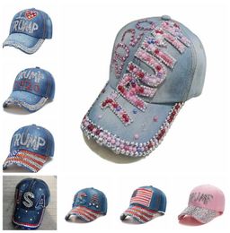 Donald Trump Denim Baseball Cap Outdoor Me encanta Trump 2020 Rinestono Hat Sports Sports Striped Flag Tap Snapback ljja50048971177
