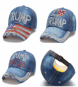 Donald Trump Denim Baseball Cap Outdoor Ik hou van Trump 2020 Rhinestone Hat Sports Cap Striped USA Flag Cap Snapback LJJA37812496839