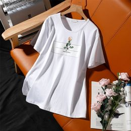 DONAMOL, camiseta de manga corta de talla grande para mujer, novedad de verano, estampado de rosas, cuello redondo, tops holgados de algodón para ocio, jerséis para mujer 210315