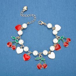 Dongsheng Mode Vintage Doux Rouge Cerise Charme Bracelet Amour Coeur Perles Pour Les Femmes Mujer Pulseras-25 Lien Chain248Y
