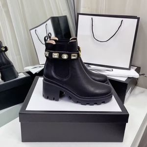 2023 Designer Vrouwen Platform Laarzen Woestijn Zwart Geborduurde Bee Strass Dikke Hak Laars Booties Antislip Schoenen