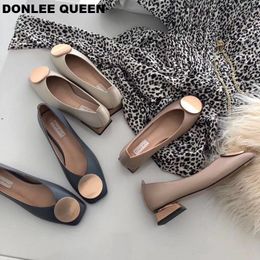 Donlee Femmes Habille Queen Flats Lown Wooden Talon Ballet Square Toe Boucille peu profonde Chaussures de marque Slip on Loafer Big Size 35-1672