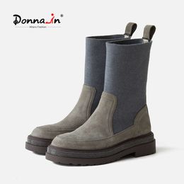 Donna-in mode femmes Chelsea bottes de luxe en daim de vache bout carré élastique sans lacet plate-forme semelle couture dames mi-mollet chaussons