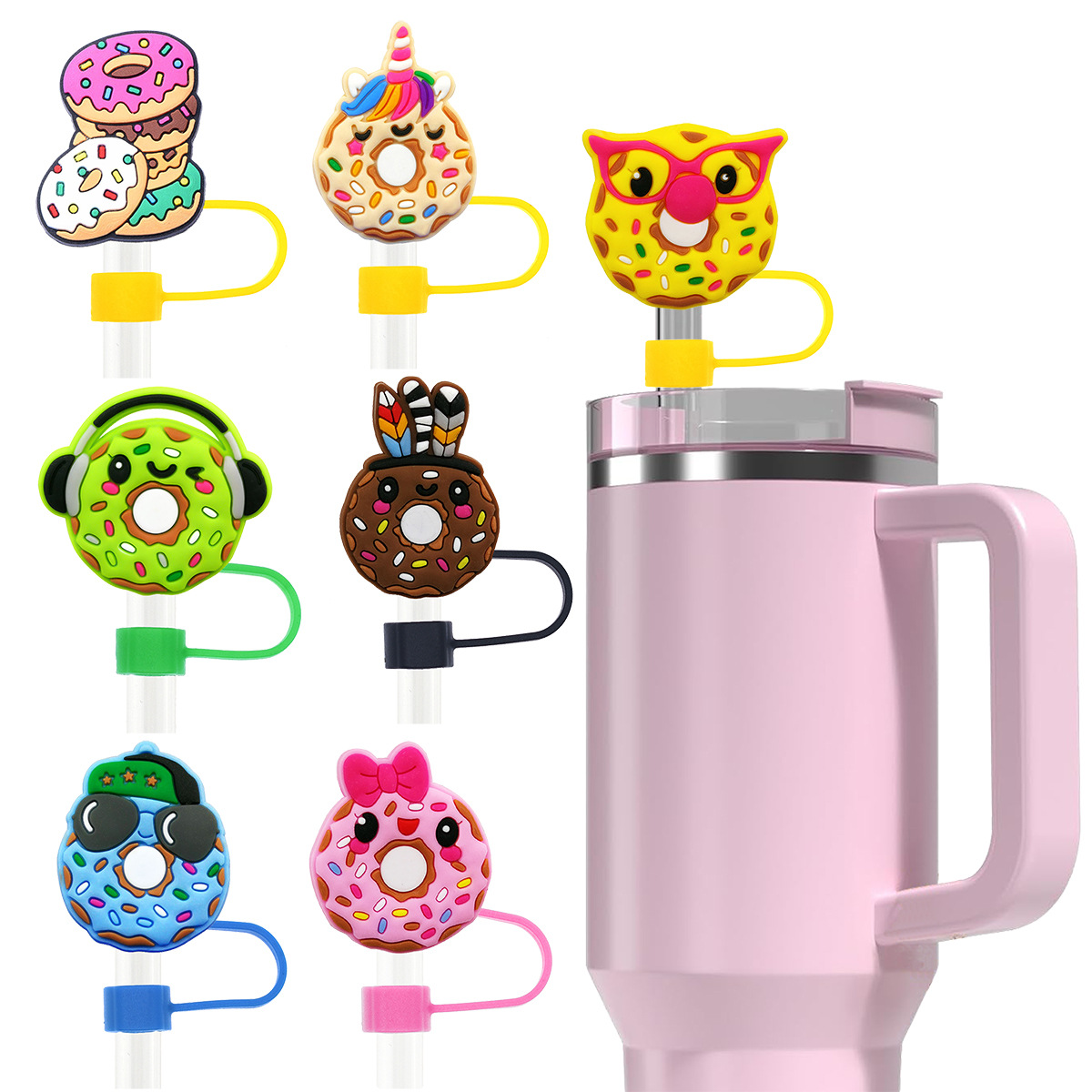 Donut-Serie Strohkappe, 10 mm weiches Gummi, abnehmbarer Strohhalm, kreativer Strohhalm-Clip, personalisierter Stift-Clip