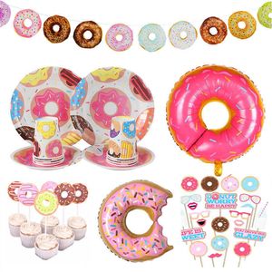 Donuts décorations gobelet jetable assiette fête vaisselle beignets bannière tirer drapeau bébé douche fête d'anniversaire décorations enfants belle Y0730