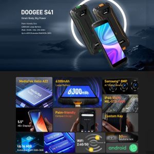 Doogee S41T Téléphone robuste 4 Go + 64 Go IP68 / IP69K 6300mAh Helio A22 5,5 pouces Android 12 Triple AI Camera NFC Smartphone