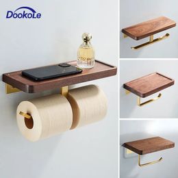 DOOKOLE Dubbele rolhouders met massief houten plank Wandmontage Toiletrolhouder Opbergruimte Goud 240102