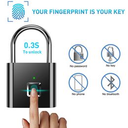 Deursloten Zwart zilver USB Oplaadbaar Deur Smart Lock Vingerafdruk Hangslot Snel ontgrendelen Zinklegering Metaal Hoge identificatie Veiligheidsslot 230311