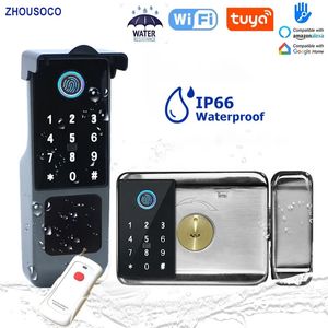 Serrures de porte Serrure d'empreinte digitale étanche Tuya Wifi télécommande Bluetooth TTLock App carte code numérique sans clé électronique intelligent 231219