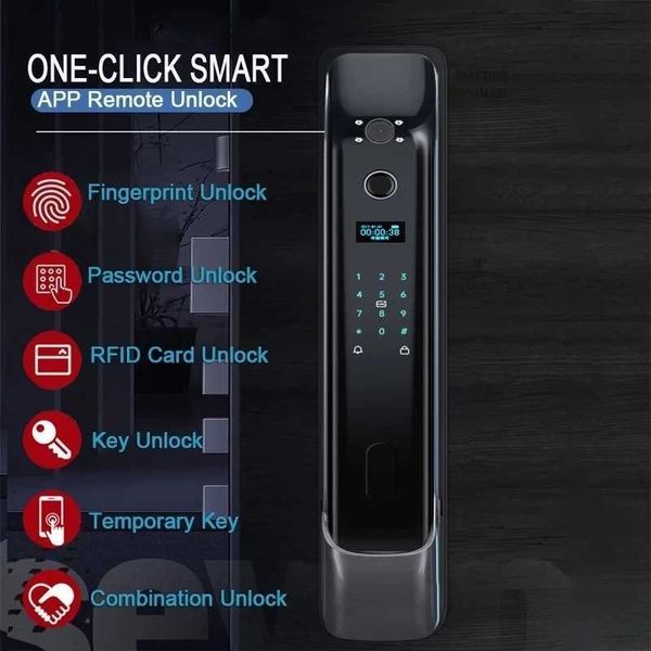 Serrures de porte Téléphone portable WIFI déverrouiller le déverrouillage sans clé avec caméra vidéo biométrique empreinte digitale électrique pêne dormant serrure de porte intelligente pour la maison HKD230903