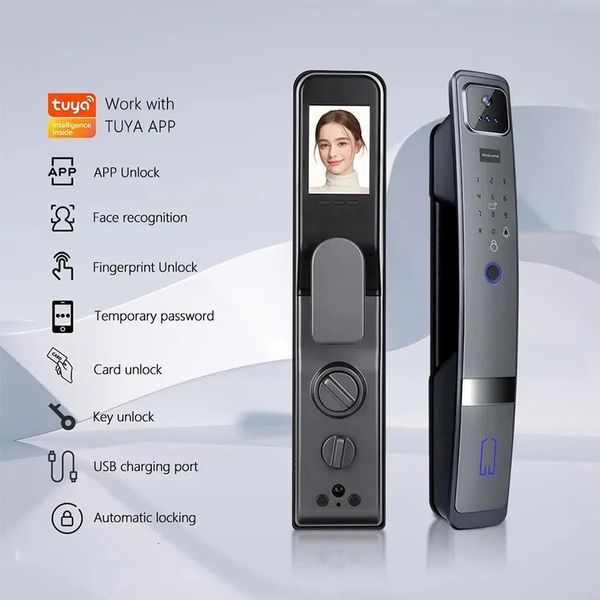 Serrures de porte Smart Lock 3D Face Carte d'empreinte digitale Glisser la clé mécanique Cat Eye App étanche Déverrouillage 231202