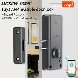 Cerraduras de puertas Smart Tuya App IC Card Lock para madera Bluetooth Electrónica Sin taladro Instalación oculta interior 1356Mhz 231212