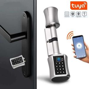 Serrures de porte TUYA APP Smart ronde serrure en cuivre WIF Bluetooth sécurité d'empreintes digitales sans fil clavier numérique électronique sans clé serrure de porte en acier HKD230903