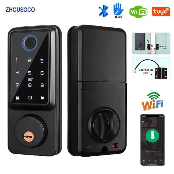 Cerraduras de puertas Tuya APP WIFI Cerradura electrónica automática Ttlock Huella digital Deadbolt Cerradura de puerta inteligente Contraseña Tarjeta IC Llave Cerradura digital para el hogar HKD230902