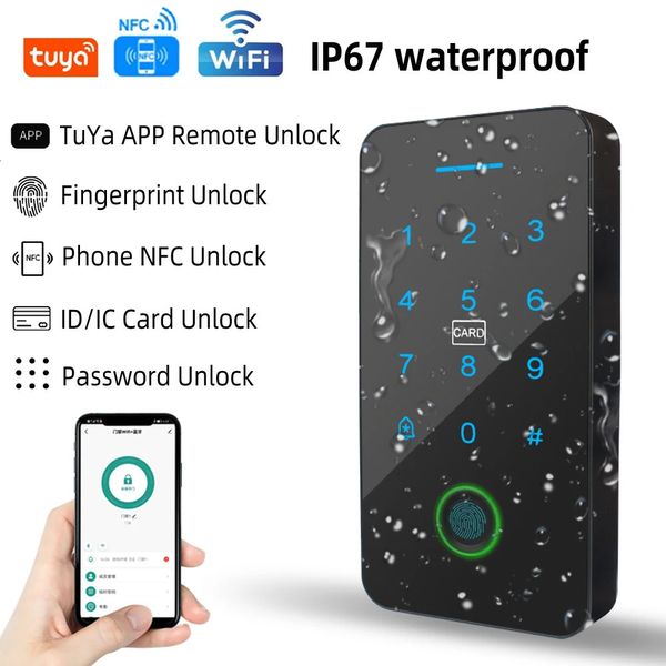 Cerraduras de puertas TuYa Smart APP Control de acceso Máquina Teléfono móvil Desbloqueo remoto NFC Huella digital Contraseña RFID Tarjeta Controlador de bloqueo IP67 231202