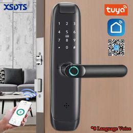 Cerraduras de puerta Cerradura de puerta inteligente electrónica Tuya Wifi con huella digital biométrica / tarjeta inteligente / contraseña / desbloqueo de llave / carga de emergencia USB HKD230902