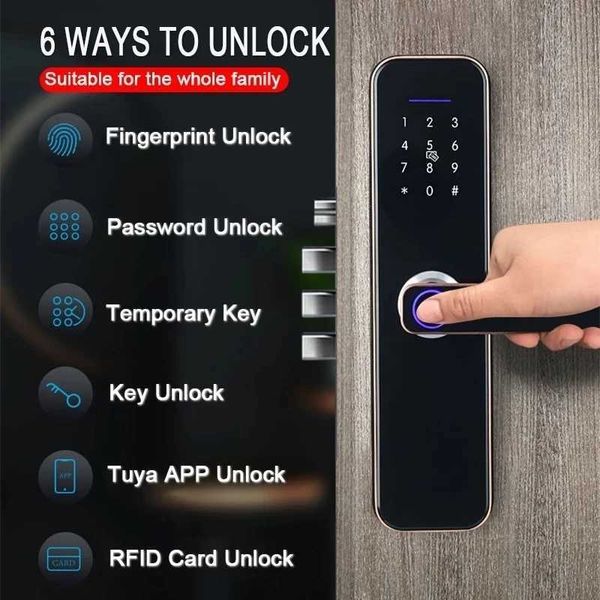 Serrures de porte Wifi serrure de porte intelligente électronique avec Tuya App sécurité biométrique serrure d'empreintes digitales mot de passe carte RFID HKD230903