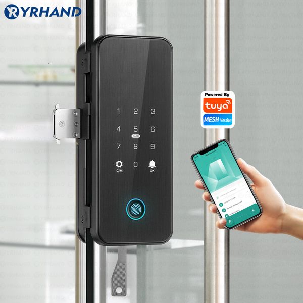 Serrures de porte YRHAND sans forage Bluetooth biométrique d'empreintes digitales Code de carte RFID Télécommande Tuya App Serrure de porte en verre intelligente électronique 230717