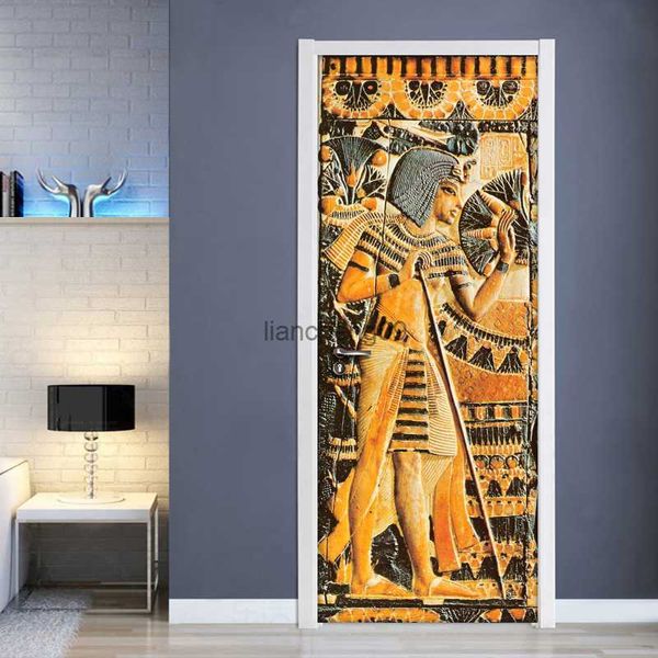 Autocollant de porte étanche auto-adhésif papier peint mural pharaon égyptien peinture murale salon chambre porte autocollants décor 3D L230620