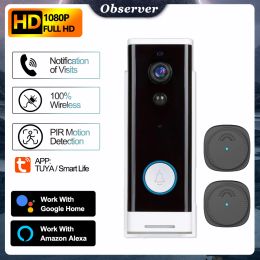 Sonnette de porte 1080p TUYA VIDEO DOOR DOORS 100% sans fil 166 ﾰ grand angle Champ de vue de vue Porte de téléphone Cam Pir Pir Motion Détection de détection avec Alexa