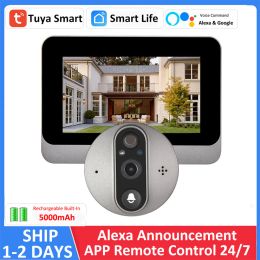 Deurbel Alexa Google Tuya Smart Life App 1080p HD Batterij Powered 2.4GHz WiFi Digital Viewer Deur Magic Eye Peephole Camera voor de deur