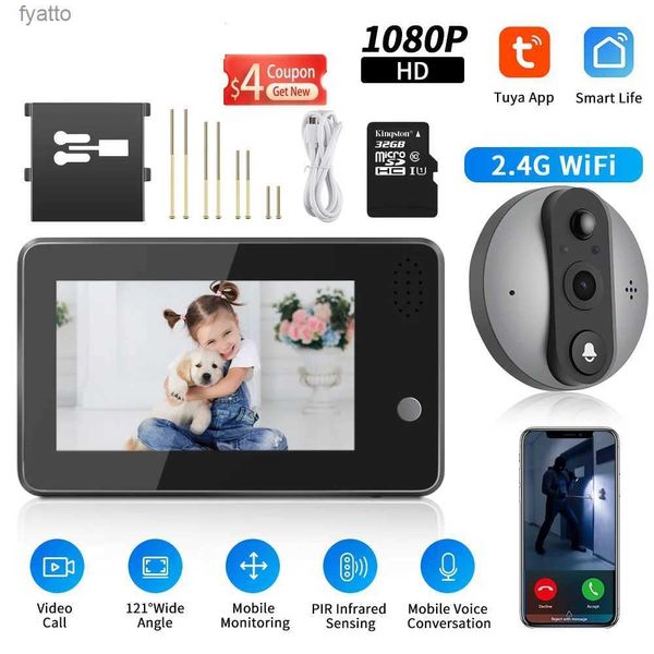 Timbres de puerta 4,3 pulgadas Tuya 1080P WiFi Smart Doorbell Eye Peephole Cámara Audio bidireccional Visión nocturna Monitor al aire libreH240316